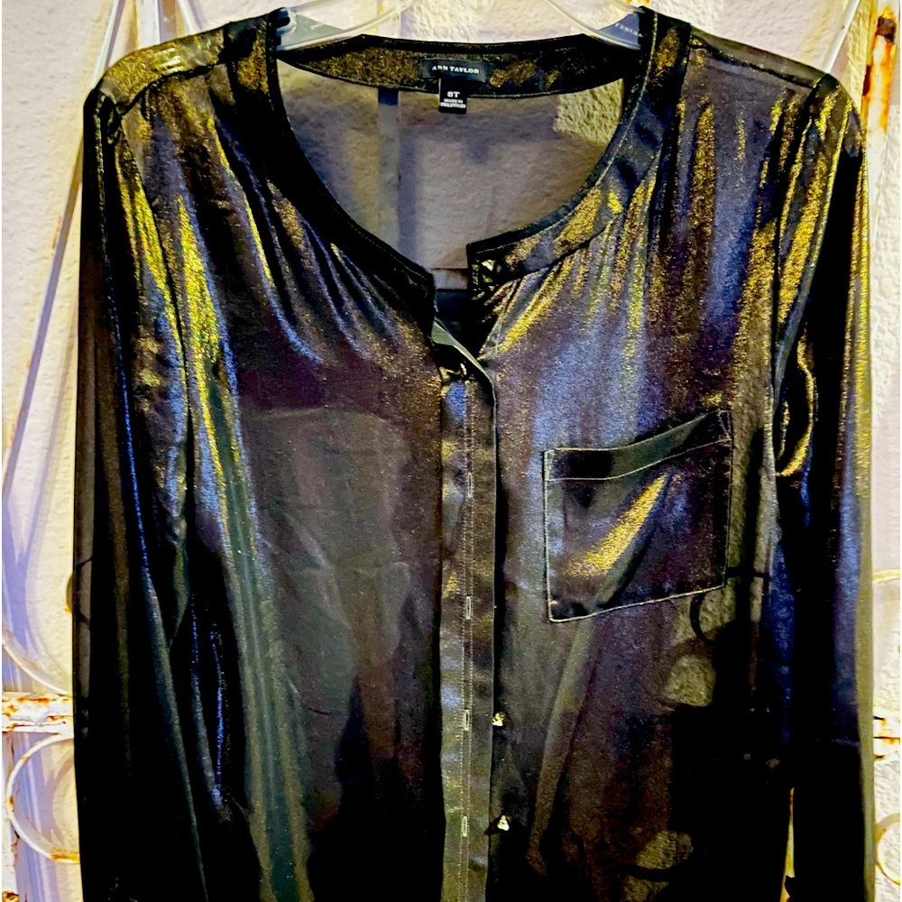 Ann Taylor long sleeve sheer black with gold shimmer top
